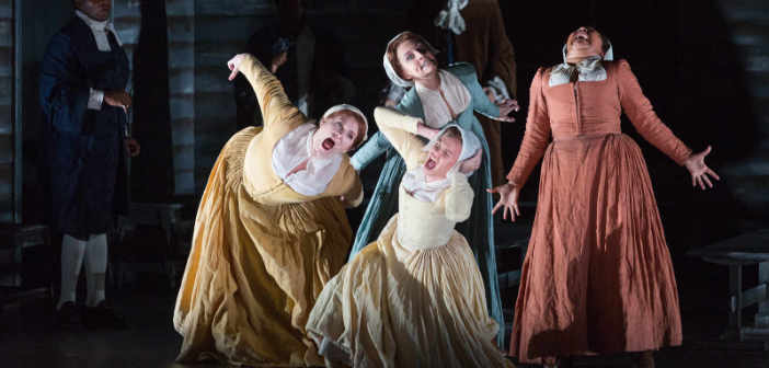 Mary Beth Nelson as Betty Parris, Ariana Wehr as Abigail Williams, Emma Grimsley as Ruth Putnam and Molly Jane Hill as Susanna Walcott, Photo: Karli Cade