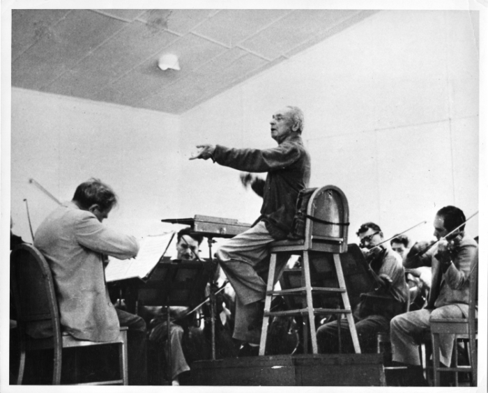 Serge Koussevitzky conducting the BSO in rehearsal in the Koussevitzky Music Shed at Tanglewood, ca. 1948, Photo: Howard S. Babbitt