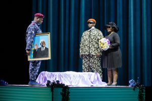 Banquo (Otto Maidi), Macbeth (Owen Metsileng) and Lady Macbeth (Nobulumko Mngxekeza) participate in the king’s funeral. Photo: Dominic M. Mercier.