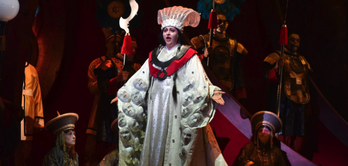 Princess Turandot (soprano Christine Goerke) proclaims a man will never possess her. Photo: Kelly & Massa for Opera Philadelphia.