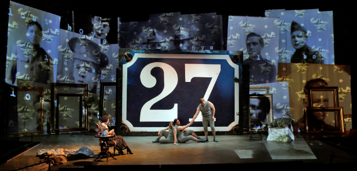 Elizabeth Futral as Alice B. Toklas with Theo Lebow, Tobias Greenhalgh, and Daniel Brevik as paintings in Opera Theatre of Saint Louis’ 2014 production of “27.” Photo by Ken Howard.