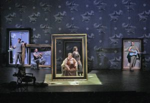 (Back L to R) Daniel Brevik, Tobias Greenhalgh, and Theo Lebow as paintings with (center) Stephanie Blythe as Gertrude Stein and Elizabeth Futral as Alice B. Toklas in Opera Theatre of Saint Louis’ 2014 production of “27.” Photo by Ken Howard.