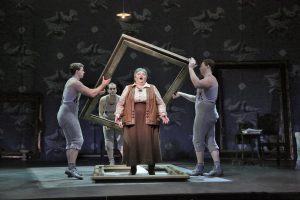 Tobias Greenhalgh, Theo Lebow, and Daniel Brevik as paintings with Stephanie Blythe as Gertrude Stein in Opera Theatre of Saint Louis’ 2014 production of “27.” Photo by Ken Howard.