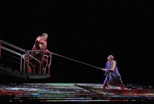 Eric Owens as Jaufré Rudel and Tamara Mumford as the Pilgrim in Kaija Saariaho's L'Amour de Loin. Photo by Ken Howard/Metropolitan Opera
