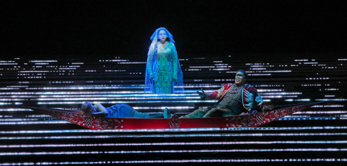 Tamara Mumford as the Pilgrim, Eric Owens as Jaufré Rudel and Susanna Phillips as Clémence in Kaija Saariaho's L'Amour de Loin. Photo by Ken Howard/Metropolitan Opera