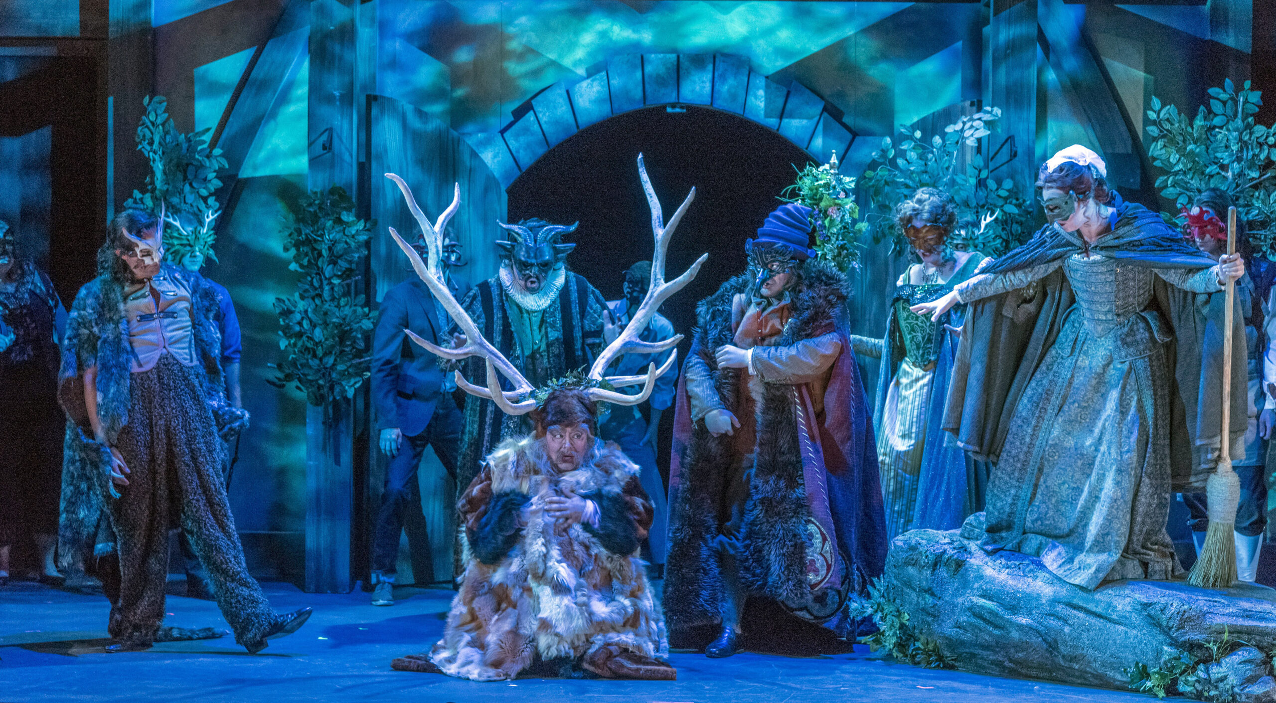 Sir John Falstaff (Craig Colclough), with the company of Opera Saratoga’s production of Falstaff, Photo: Gary David Gold