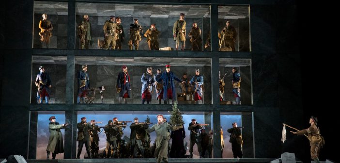 Silent Night - A three-tiered set allows for separate or simultaneous action on all three levels as required by the story. Austin Opera