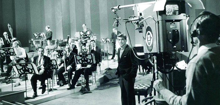 Leonard Bernstein rehearsing for a television broadcast circa 1958
