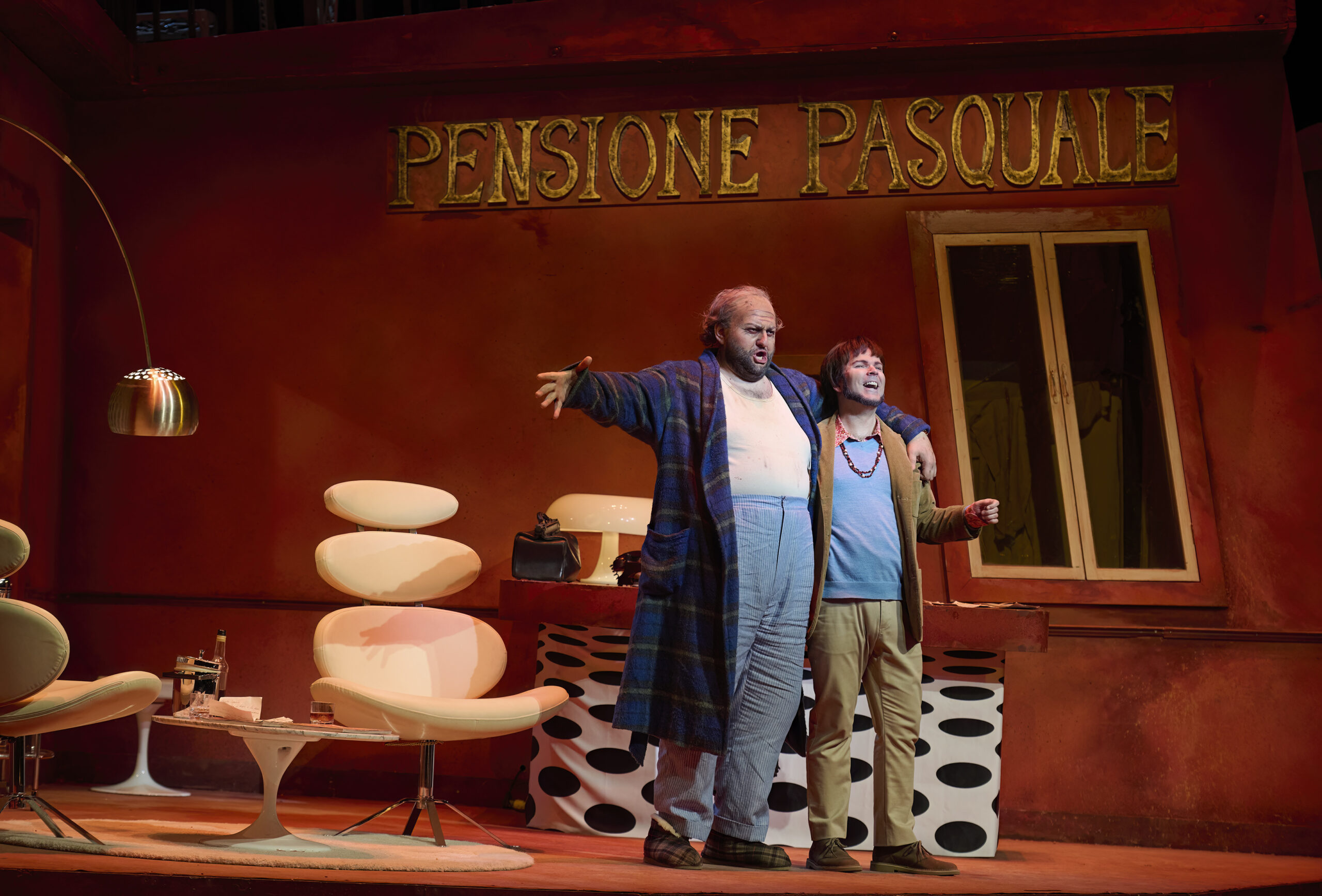 Misha Kiria as Don Pasquale and Joshua Hopkins as Dr. Malatesta in the Canadian Opera Company’s production of Don Pasquale, 2024. Photo: Michael Cooper