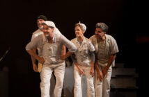 Les interprètes Stéphane Archambault, Elizabeth Duperré, Sylvain Marcel et David Savard interprètent différentes facettes du gars de La Shop. Photo : Yvon Deschamps raconte La Shop.