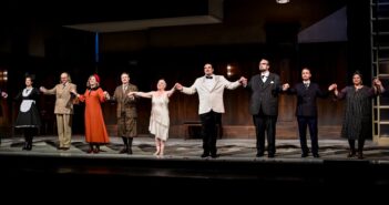 The cast of The Makropulos Case holding hands on stage at Janáček Brno Festival. Photo: Marek Olbrzymek