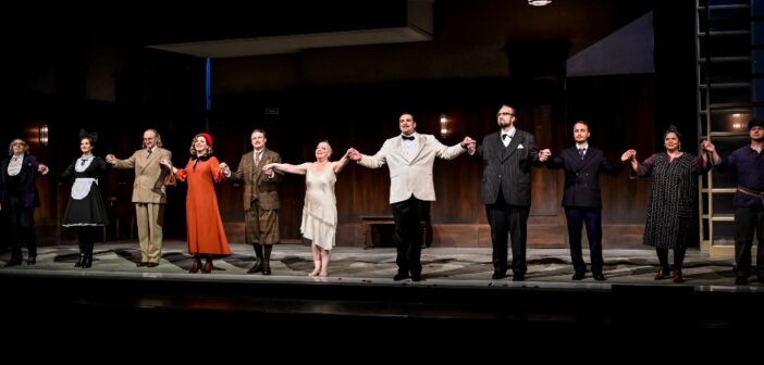 The cast of The Makropulos Case holding hands on stage at Janáček Brno Festival. Photo: Marek Olbrzymek