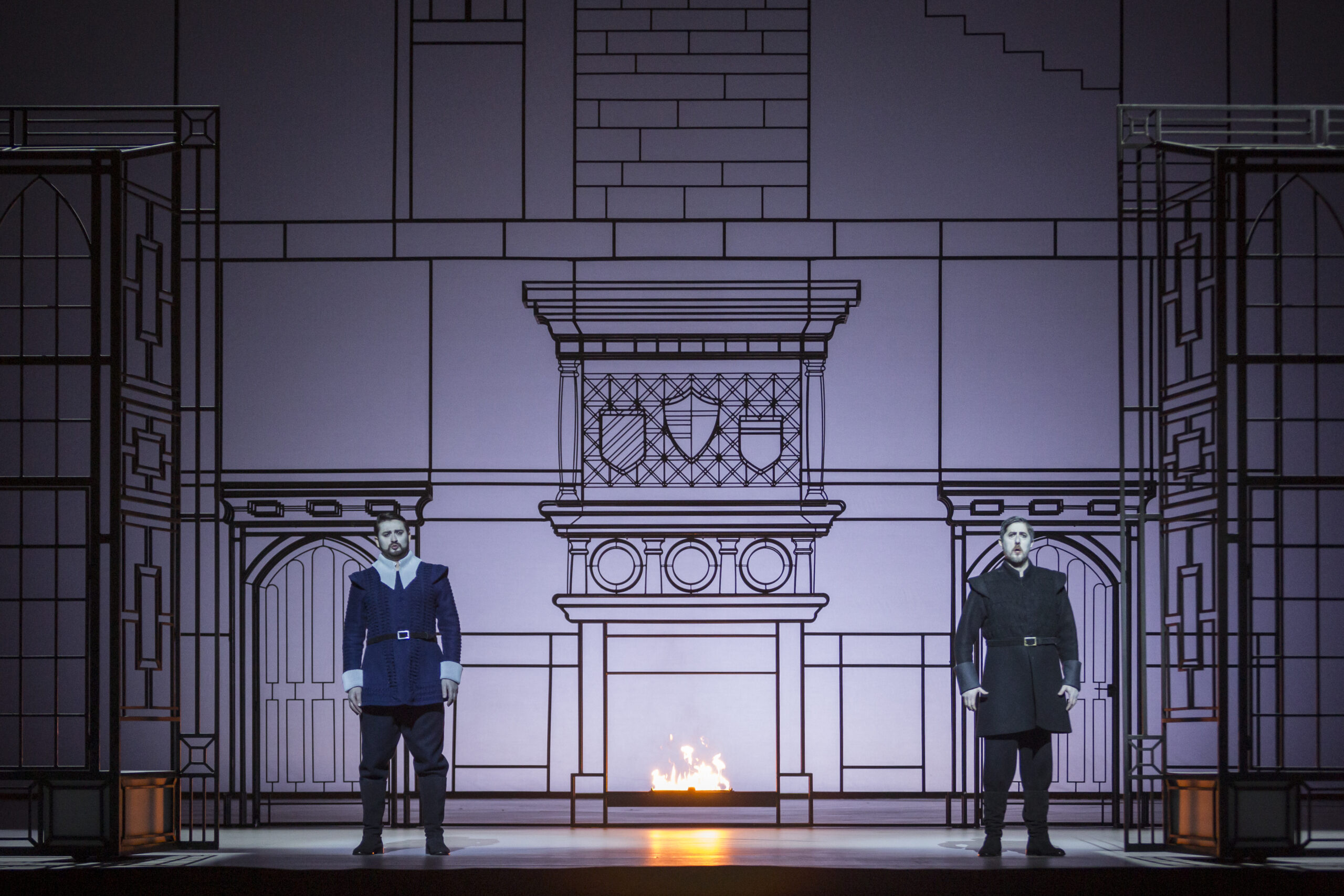 Roberto Tagliavini (Giorgio); Andrei Kymach (Riccardo) in Paris Opera's I puritani.