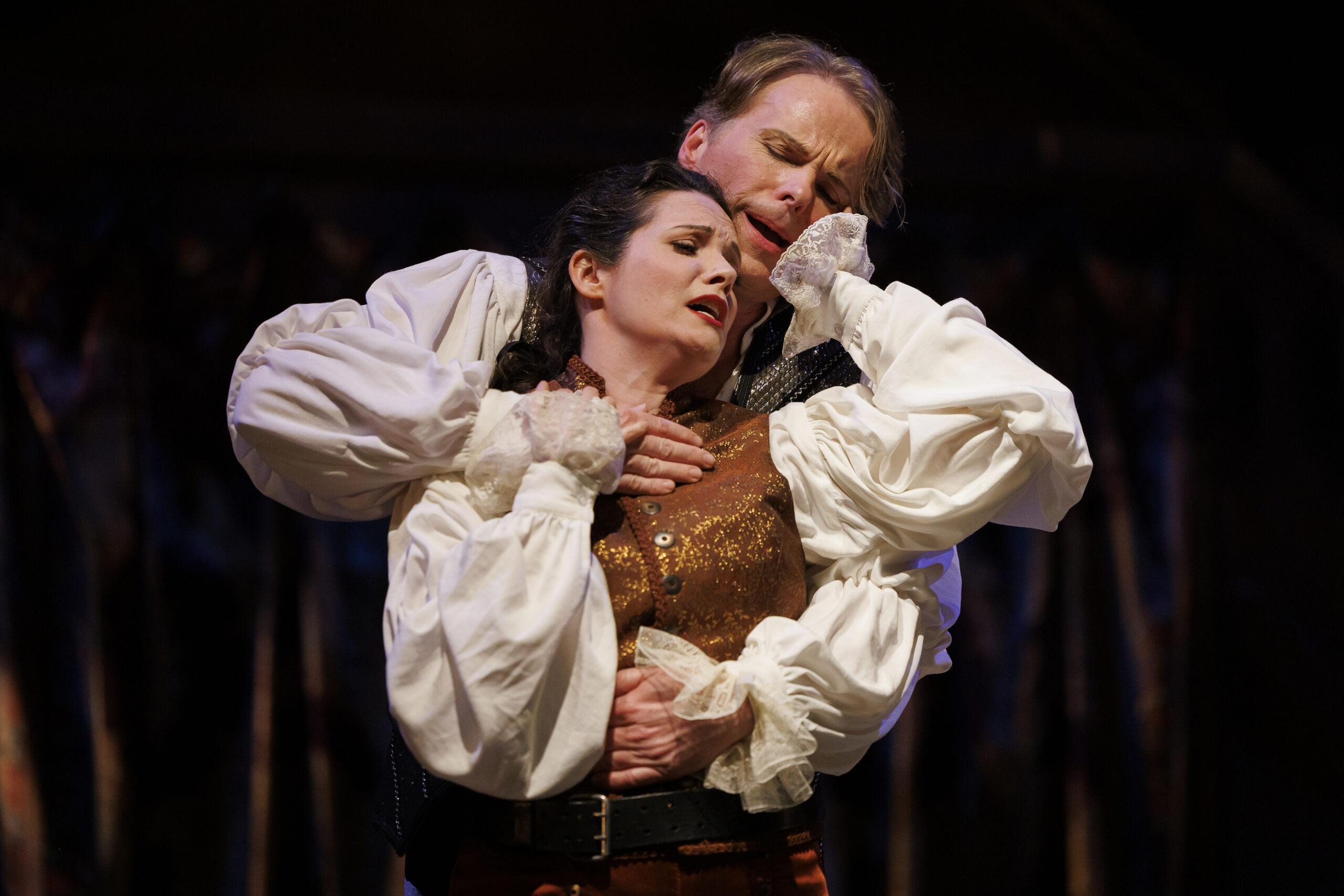 Mireille Asselin (Jonathan) and Colin Ainsworth (David) in Opera Atelier production of Charpentier's David and Jonathan.