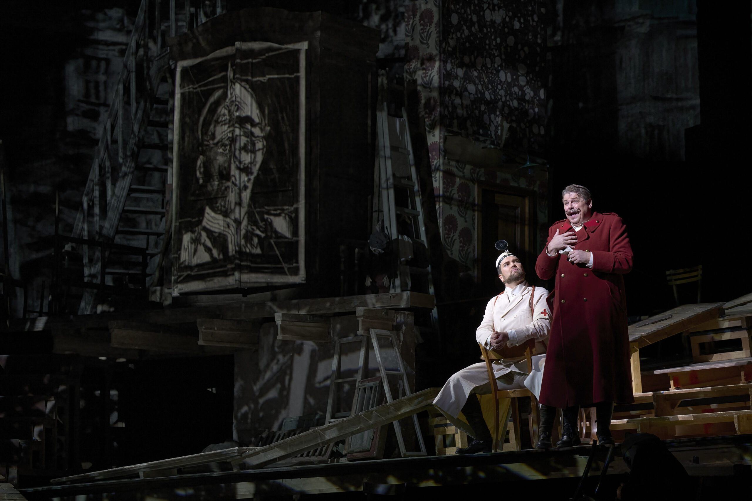 Anthony Robin Schneider (the Doctor) and Michael Schade (the Captain) in Canadian Opera Company’s Wozzeck. 