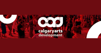 Red image of a marching band with the calgary arts development logo overlayed