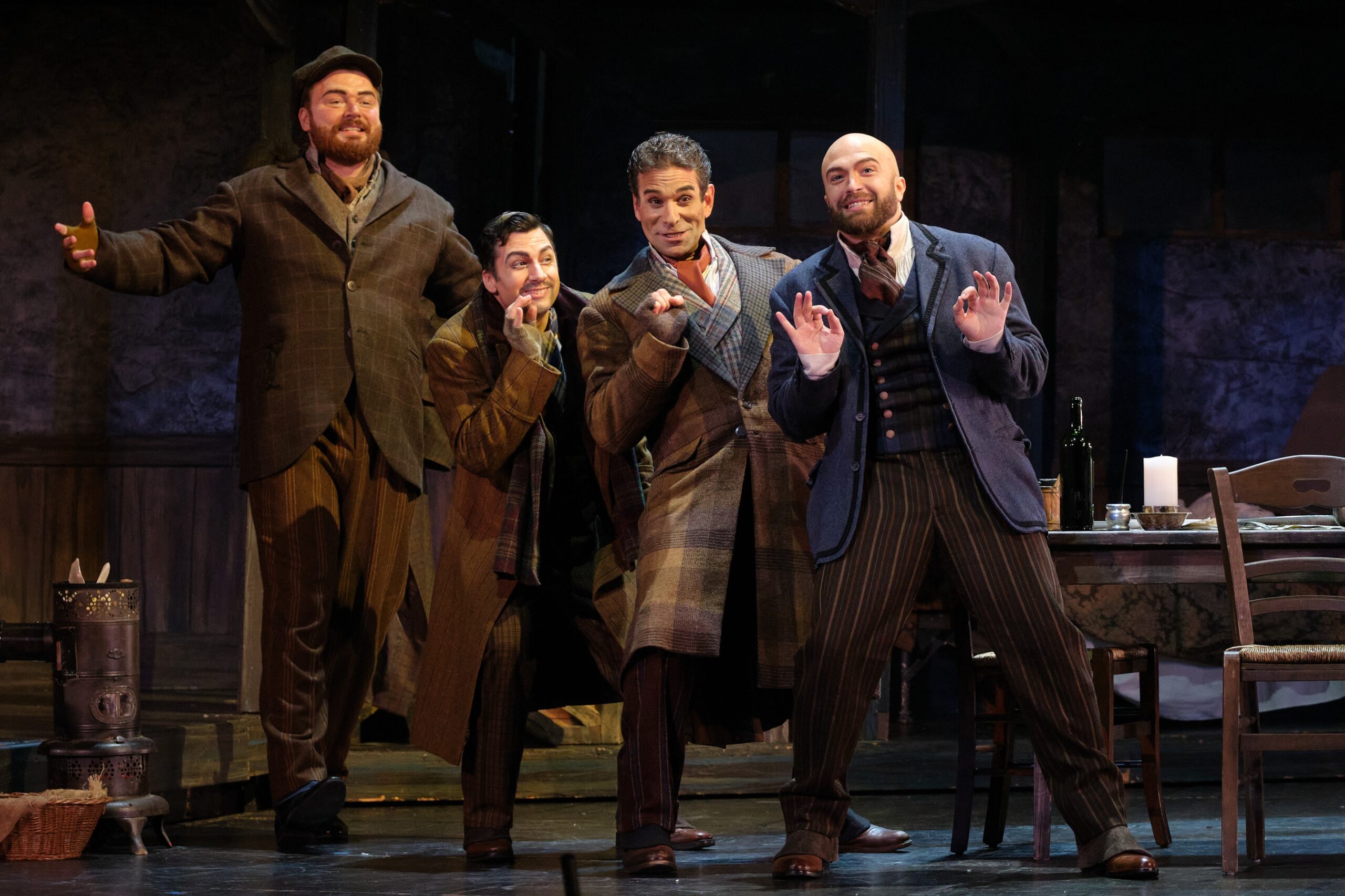 Mikelis Rogers (Schaunard), Jean-Philippe McClish (Colline), Frédéric Antoun (Rodolfo), and John Brancy (Marcello) in Opéra de Montréal La Boheme. 