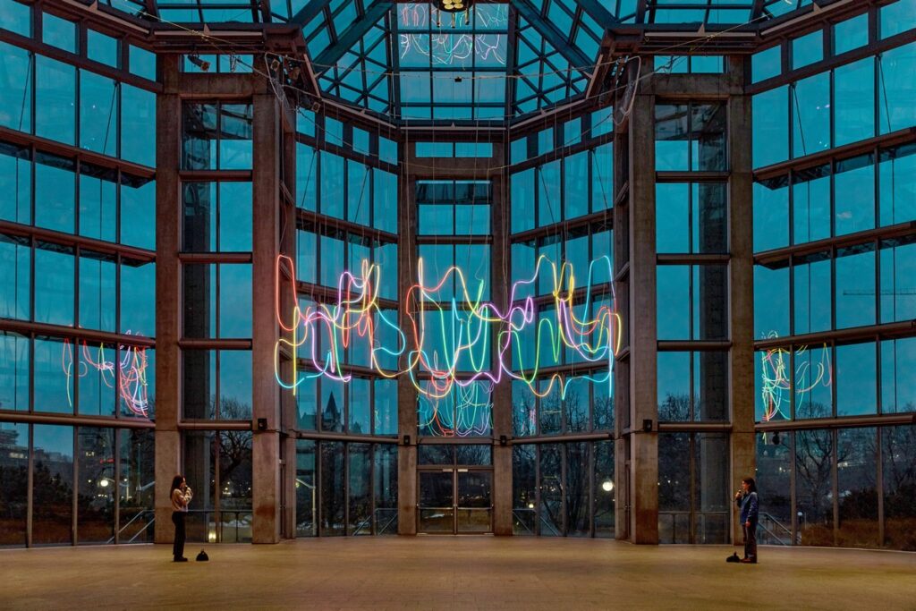 Photo of the artwork hanging from the ceiling 